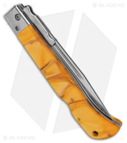 Italian Style 11" Roma Drop Point Auto Swinguard Yellow Pearlex (4.6" Polish) -Benchmade Knife Sale AKC Roma 11in Yellow Pearlex Automatic Swinguard DP Polished Plain GX 39622 td side